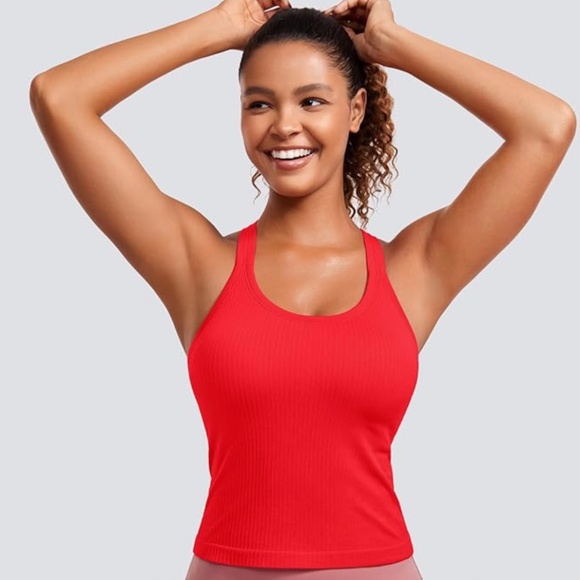 CRZ YOGA Tops - CRZ YOGA Seamless Ribbed Tank Top Racerback Cami with Built in Bra, Red